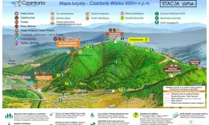 Mapa turystyczna Czantorii z zaznaczonymi szlakami. Najładniejszy szlak na Czantorię to Ścieżka Rycerska, idealna na rodzinną wycieczkę.