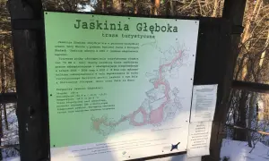 Mapa turystyczna Jaskini Głębokiej na trasie Góry Zborów. Opisuje parametry jaskini i jej historię.