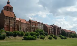 Grudziądz atrakcje: imponująca ceglana twierdza z wieżą i dachem z dachówki, otoczona zielenią i trawnikiem.