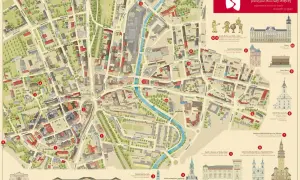 Mapa turystyczna Bielska-Białej z zaznaczonymi atrakcjami, takimi jak Teatr Polski, Zamek i Muzeum, czy Kościół pw. Opatrzności Bożej.