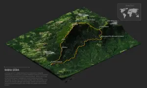 Trójwymiarowa mapa turystyczna Babiej Góry z zaznaczoną trasą i nazwami szczytów, m.in. Sokolica.