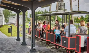 Rodzinna przejażdżka kolejką wąskotorową. Wesołe twarze dzieci i dorosłych, idealne roztocze atrakcje dla dzieci.