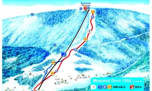 Mapa trasy Mosorny Groń. Widok z lotu ptaka na ośnieżone stoki z zaznaczonymi trasami narciarskimi, wyciągami i budynkami.