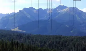 Gęsia Szyja, skąd wyruszyć na szlak? Widok na Tatry z lasem w pierwszym planie.