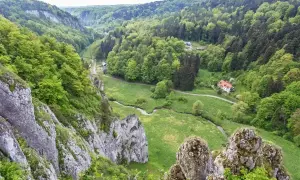 Malownicza dolina Prądnika z krętą rzeką, skalnymi ostańcami i domkami ukrytymi wśród zieleni.