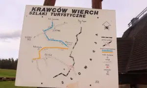 Mapa szlaków turystycznych Krawców Wierch. Wskazuje trasy do Hali Lipowskiej, Trzech Kopców, Glinki i Kubiesówki.