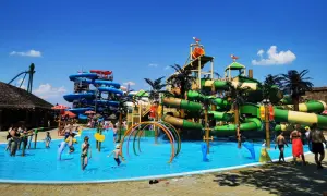 Wesoły wodny park rozrywki z mnóstwem zjeżdżalni, basenów i palm. Dzieci bawią się w wodzie, ciesząc się letnim dniem.