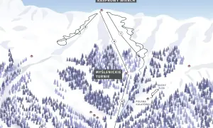 Mapa tras narciarskich na Kasprowym Wierchu. Widok z lotu ptaka na ośnieżone stoki, lasy i wyznaczone trasy zjazdowe.