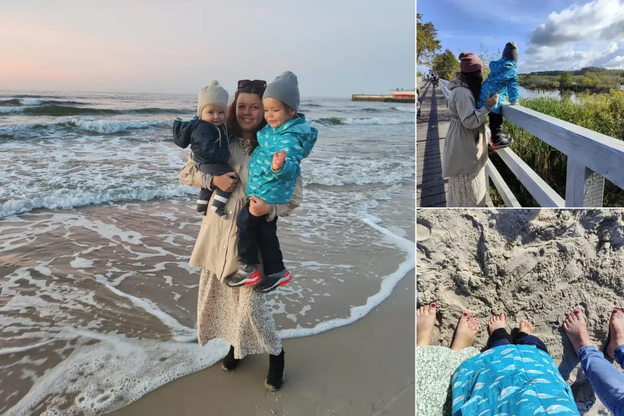 Rodzina cieszy się spacerem po plaży w Kołobrzegu. Widać atrakcje dla dzieci: morze, piasek i malownicze widoki.