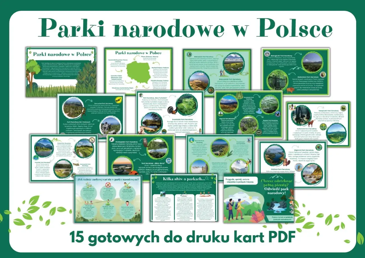 Odkryj najpiękniejsze parki narodowe w Polsce! Zestaw 15 kart PDF z informacjami o przyrodzie i atrakcjach.