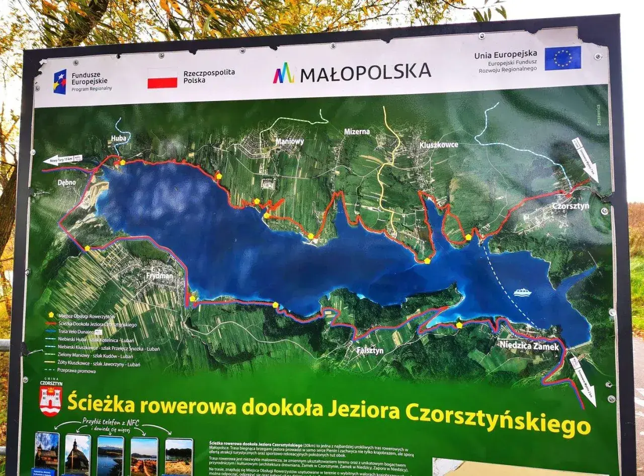 Mapa ścieżki rowerowej dookoła Jeziora Czorsztyńskiego. Gdzie zacząć? Trasa Velo Dunajec biegnie malowniczymi terenami Małopolski.