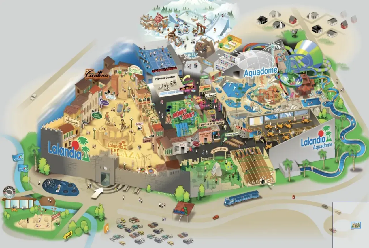 Mapa Lalandia Billund: park wodny Aquadome, Winter World, Sportarena, Monkey Tonky, Lalandia Plaza i wiele innych atrakcji.