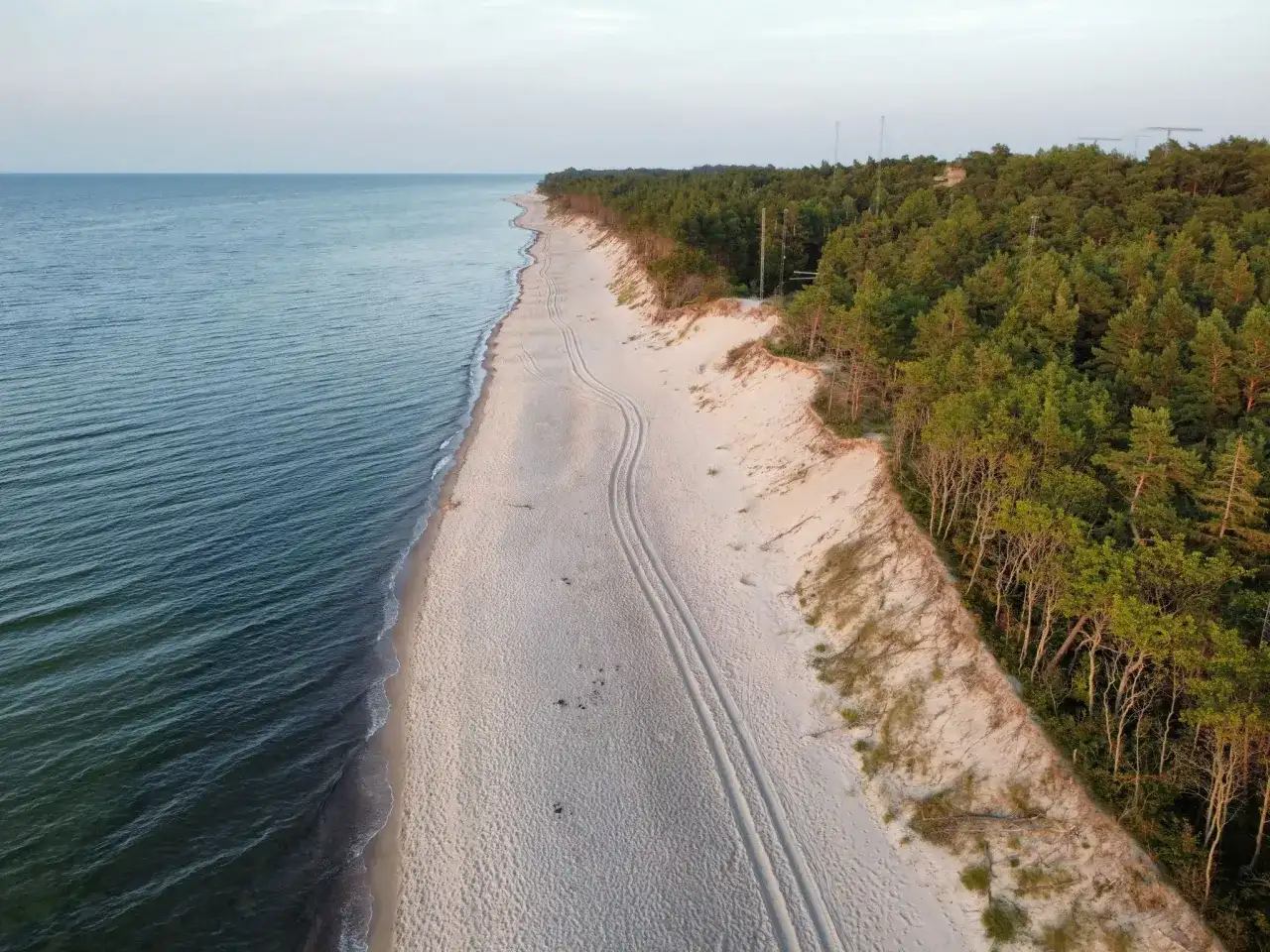 Piękna plaża w Ustroniu Morskim, gdzie piaszczysty brzeg spotyka się z sosnowym lasem. Widać ślady opon na piasku, prowadzące wzdłuż wybrzeża.
