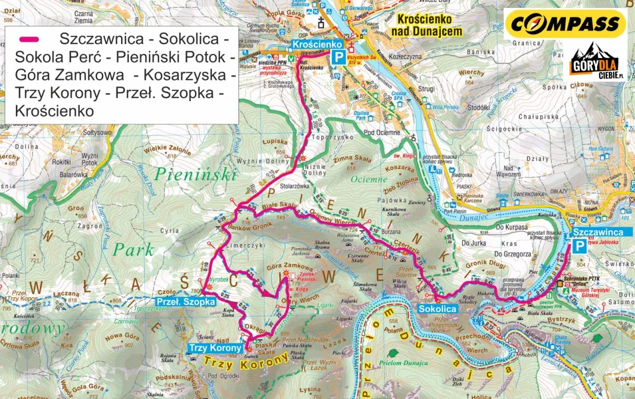 Mapa Pienin: szlak Trzy Korony, parking w Krościenku, widok na Dunajec i szczyty.