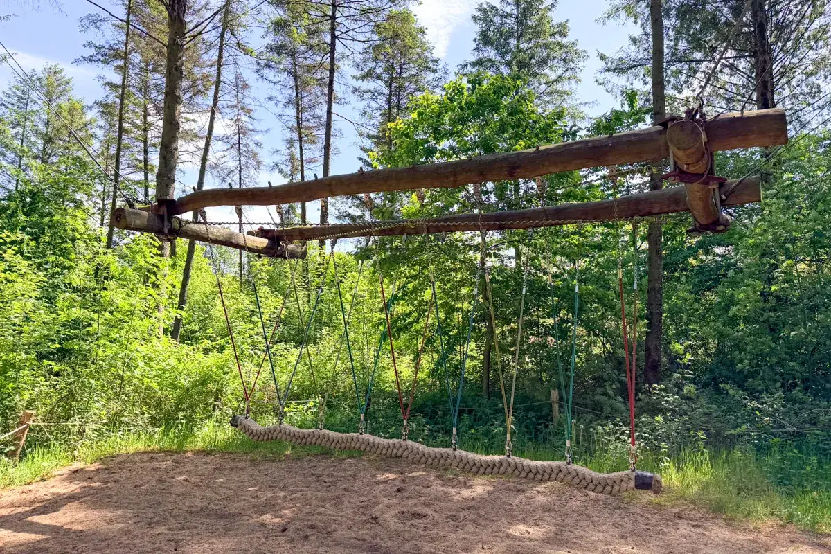 Drewniana huśtawka linowa w lesie, część wow park billund.