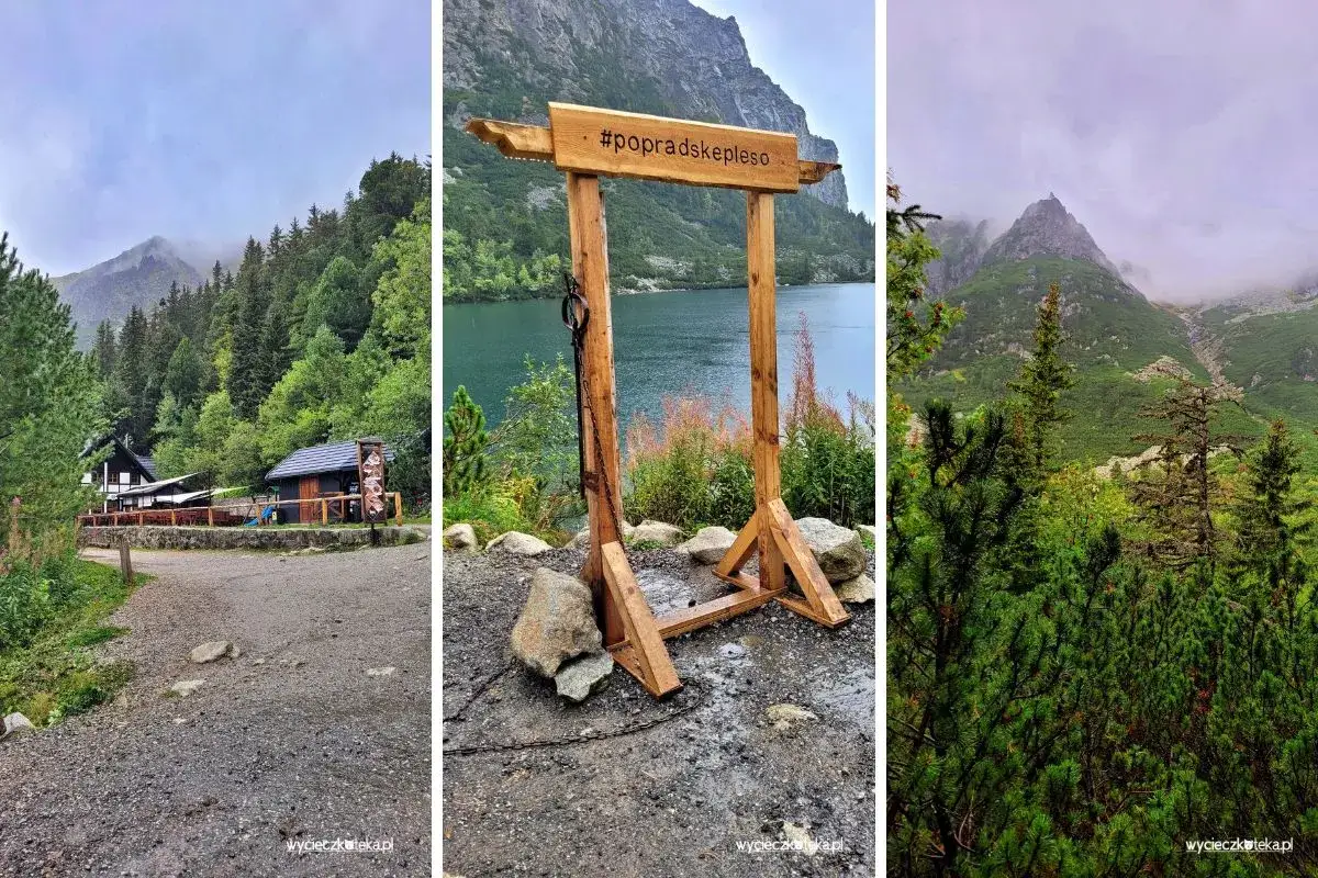 Trasa do Popradzkiego Stawu: schronisko, drewniana brama z napisem #popradskepleso i górzysty krajobraz.