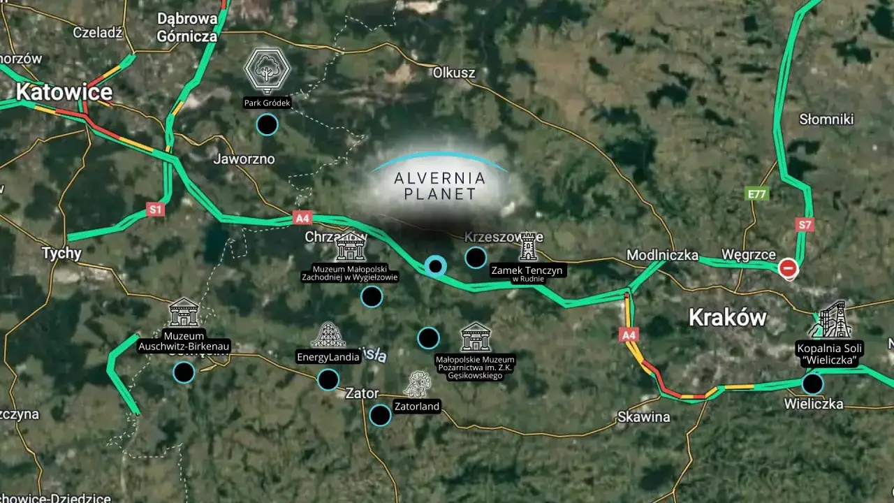 Mapa turystyczna z zaznaczonymi atrakcjami w okolicach Krakowa i Katowic, w tym Alvernia Planet.
