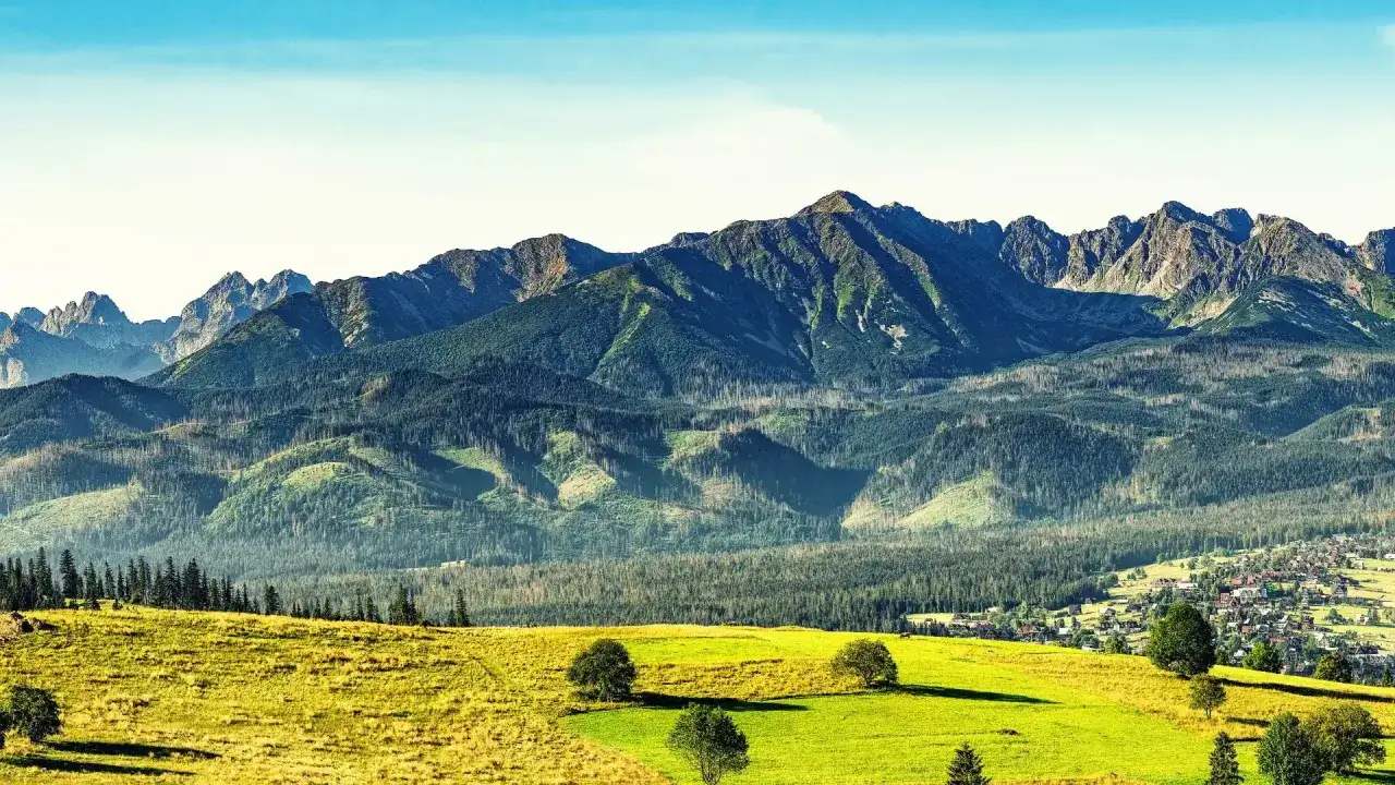 Widok na Tatry z zielonych łąk i lasów, idealne miejsce na szlaki w Zakopanem.