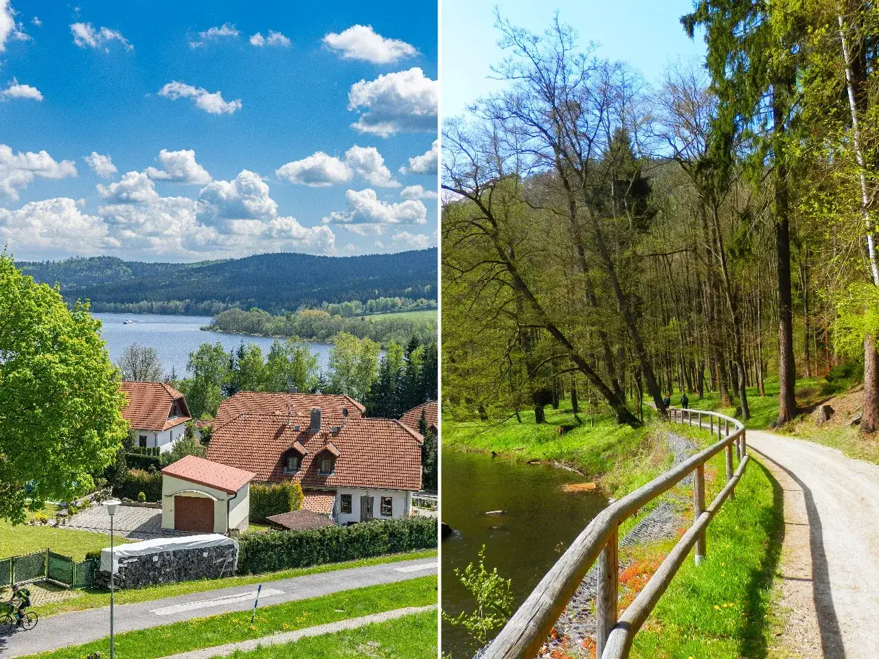 Malownicze trasy rowerowe wiodące przez wieś nad jeziorem i leśne ścieżki.