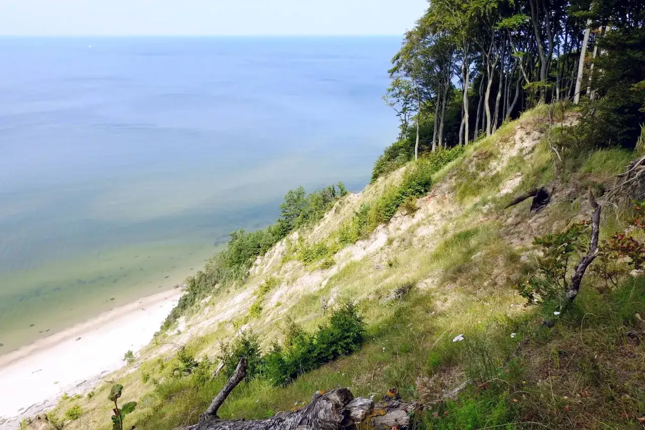 Malownicze klify na wyspie Wolin schodzą ku piaszczystej plaży i spokojnemu morzu.