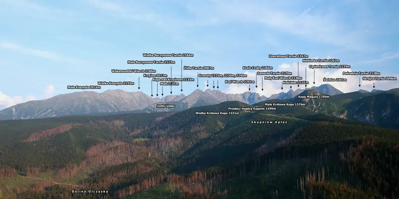 Widok na Tatry z Jaszczurówki, z zaznaczonym szlakiem na Nosal. Widać pasmo górskie z nazwami szczytów, m.in. Wielka Koszysta, Granaty, Świnica.